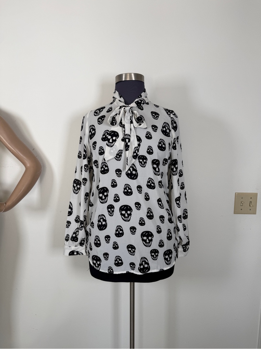 Retrolicious Black & White Skull Tie-Neck Blouse